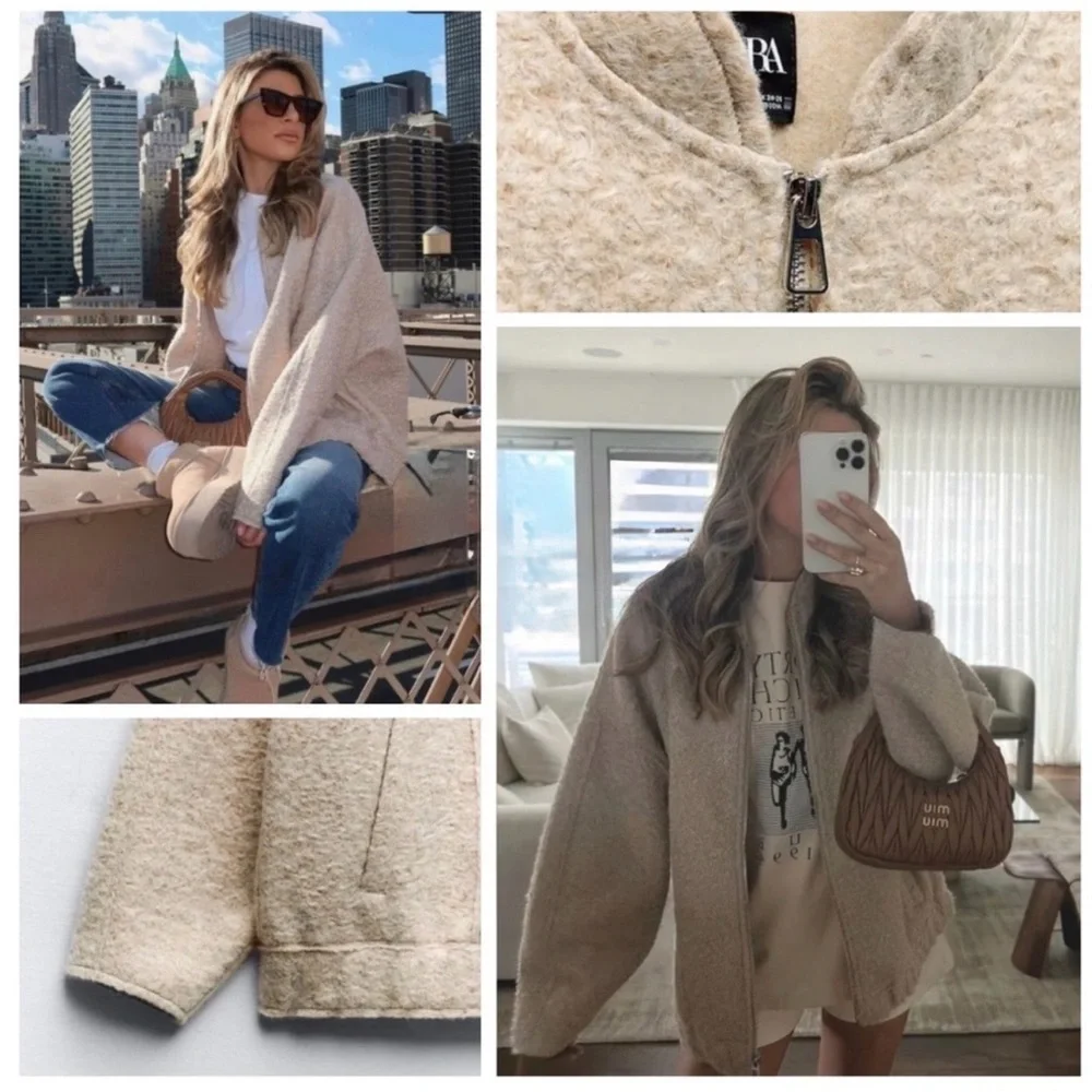 ZARA 5070/642 Textured Bouclé Bomber Jacket Sand Beige XS Oversized Quiet Luxury - Picture 6 of 16